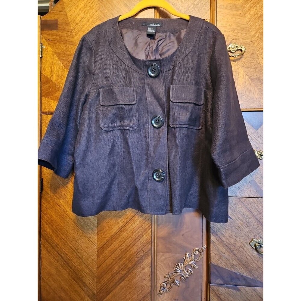 Willi Smith Chocolate Brown Three Big Button Linen 3/4 Sleeve Cropped Jacket